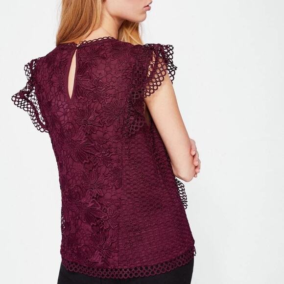 Ted Baker Zania Ruffle Mixed Lace Blouse Maroon Women’s 2 US6 Romantic Coquette - Picture 9 of 16